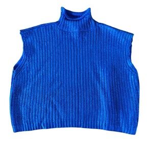She + Sky Women's Blue Ribbed Knit Sleeveless Turtleneck Vest L foil metallic